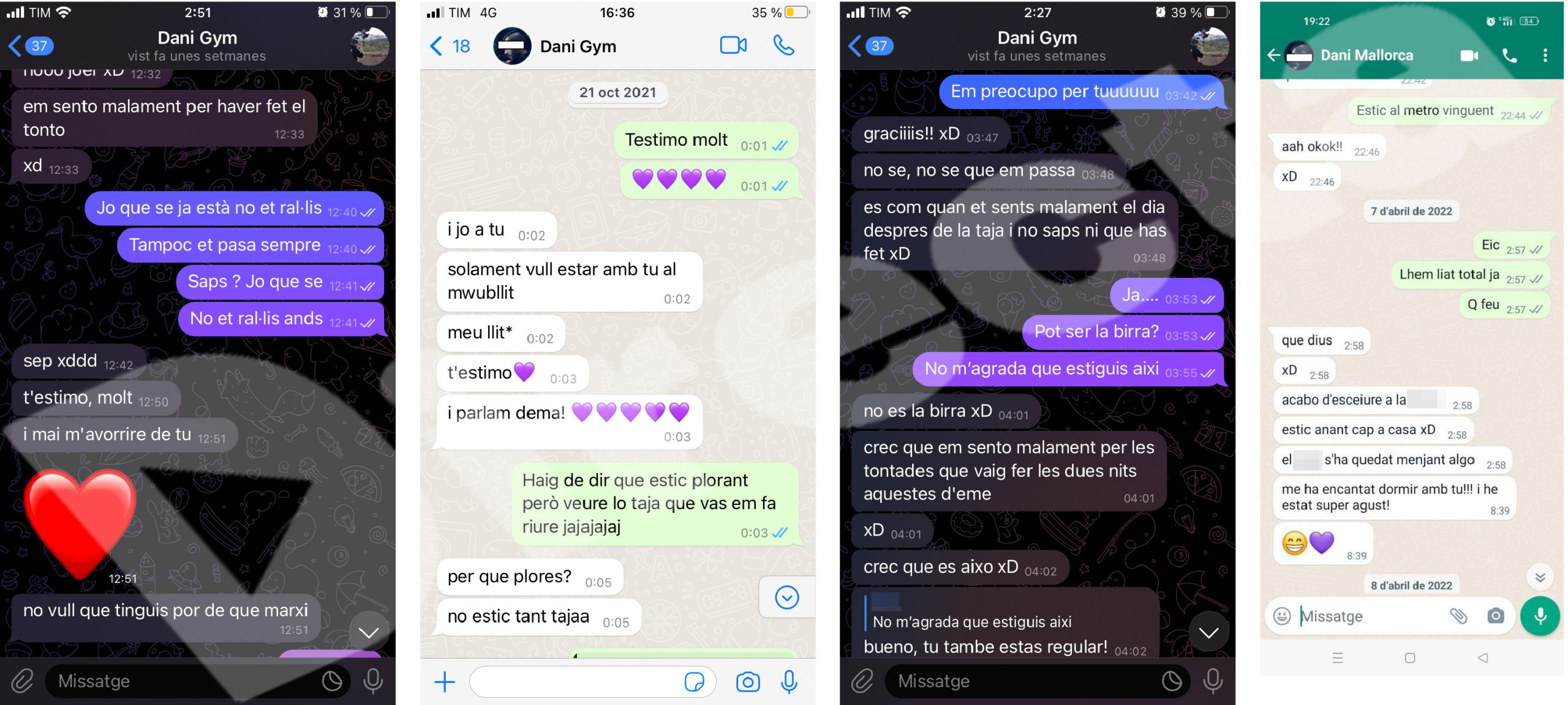 Captures de pantalla de missatges que Daniel Hernàndez Pons ha enviat a diferents dones, on es constaten les relacions sexeafectives i on ell mateix reconeix el consum d’estupefaents. Els textos justificats a l’esquerra corresponen a l’infiltrat